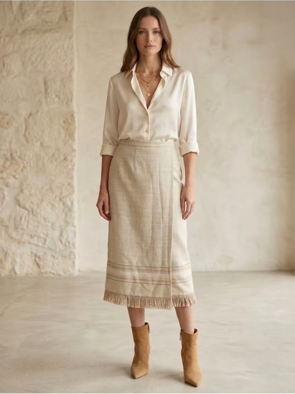 Kasper Vintage 90s Midi Skirt Fringe Faux Wrap Neutral Boho Modern 8/10